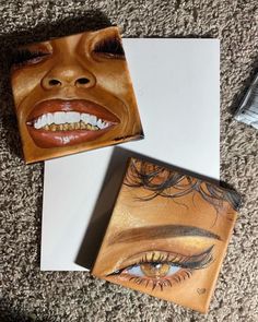 three different colored drawings on top of each other next to an open book with eyes and eyebrows