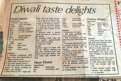 an old newspaper with the words diwal taste delights written in red and white