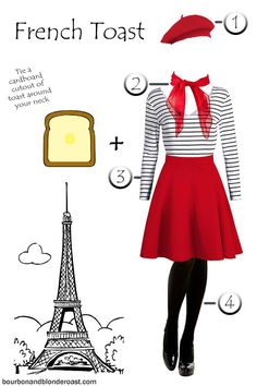 a woman wearing a red skirt and striped shirt standing in front of the eiffel tower