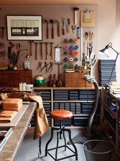 a room filled with lots of tools and workbench on the wall next to each other