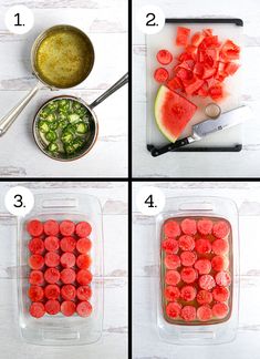 four pictures showing how to make watermelon salad