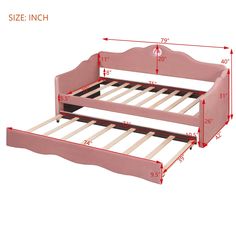 a pink bed frame with measurements for it