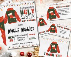 ugly sweater baby shower party printables with thank you notes and place cards for guests