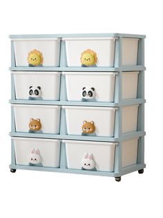 a blue and white toy chest with five bins filled with stuffed animals on top