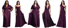 four different views of a woman in a purple dress