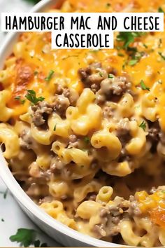 hamburger mac and cheese casserole in a white bowl