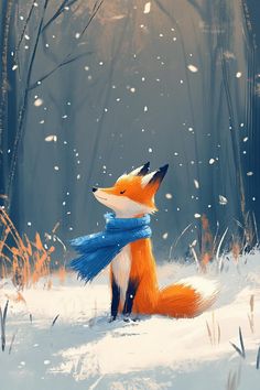 a painting of a fox with a scarf around it's neck sitting in the snow