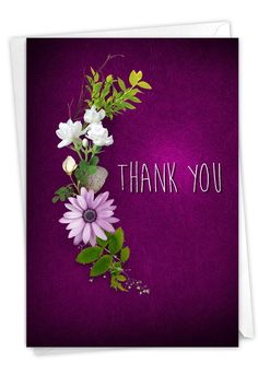 a thank you card with flowers and leaves on it, in front of a purple background