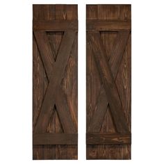 two wooden doors with one open and the other closed on top of each door, both side by side