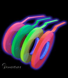 neon colored headphones are on top of each other in front of a black background