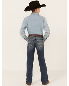 Western Style Blue Denim Jeans, Western Style Denim Blue Jeans, Western Style Cotton Jeans In Medium Wash, Western Style Denim Blue Cotton Bottoms, Western Style Straight Leg Denim Bottoms, Western Denim Blue Jeans With Five Pockets, Western Style Jeans With Standard Cut Leg, Western Denim Jeans, Blue Western Style Denim Jeans