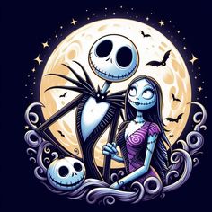 jack and sally from the nightmarely movie, sitting in front of a full moon