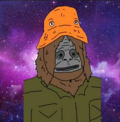 a drawing of a gorilla wearing a hat and looking at the stars in the sky