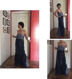 four pictures of a woman in a strapless top and denim skirt, holding a cell phone