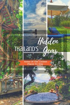 the cover of thailand's hidden gems, with pictures of people in boats and trees