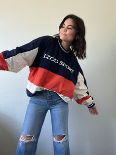 "Cool vintage Izod Windbreaker from the 90s with a large embroidered spell out on the chest. So cute! In good vintage condition. Unisex item. Measurements taken while item is laid flat. Measurements: bust: 27\" length: 26\" Tag size: Large Fabric: Nylon / Acrylic Model is 5'6 with a waist 26\" and hips 36\" FOLLOW US ON INSTAGRAM @theweathereddaisy FOR RELEASE DATES + STORY SALES! SHOP OUR WEBSITE theweathereddaisy.com FOR EVEN MORE EXCLUSIVE APPAREL." Oversized Windbreaker Outfit, Windbreaker Outfit, Outfit Hoodie, Henley Sweater, Pullover Windbreaker, Black Crochet, Crochet Blouse, High Waisted Trousers, Wool Sweaters