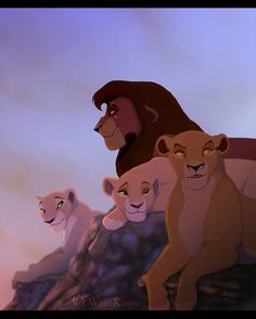 the lion family is standing on top of a mountain