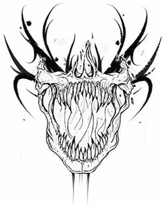 a black and white drawing of a demon's head with sharp fangs on it