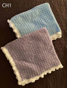 three crocheted dishcloths sitting on top of a bed next to each other