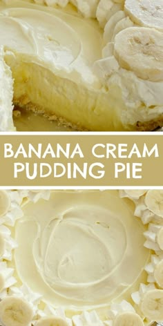 a banana cream pudding pie is cut into slices