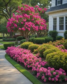 pink and yellow flowers line the side of a house in front of a tree with white trim