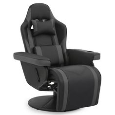 the reclining chair is shown in black leather and has grey trimmings on it