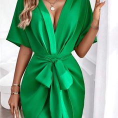 Brand New Shein Lune Green Batwing Sleeve Knot Front Dress. Green Tie Waist Mini Dress For Brunch, Green Mini Dress With Tie Waist For Brunch, Green Mini Dress With Tie Waist For Vacation, Green Mini Dress With Tie Waist For Party, Green Mini Dress With Tie Waist For Day Out, Knot Front Dress, Front Knot Dress, Shein Dress, Shein Dresses