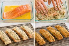 process photos showing how to make salmon patties with breadcrumbs and seasoning