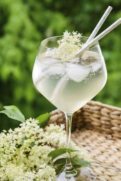 a glass filled with liquid and some white flowers in front of green leaves on a table