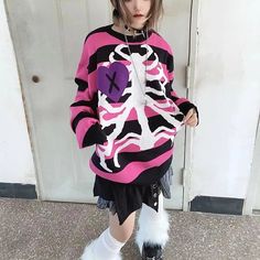 𝔇𝔢𝔱𝔞𝔦𝔩𝔰: Style: Kawaii Goth, Harajuku, Egirl Materials: Cotton Quantity: 1 pc This is a lovely oversized pink goth-style sweater with a striped design, skeleton prints, and a cute heart shape. A perfect blend of kawaiiness and the undead - it's totally on-trend and can easily attract others' attention. It goes well with all kinds of bottoms. Made of top fabric, comfortable for everyday wear Enjoy free shipping with a purchase of over 80$ SIZE LENGTH CHESTS 27 in 46 inM 28 in 47 inL 29 in Pink Skeleton, Wiccan Clothing, Witchy Outfits, Goth Harajuku, Boho Witch, Pastel Goth Outfits, Pink Goth, Skeleton Halloween Costume, Style Kawaii