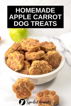 homemade apple carrot dog treats in a white bowl on a marble countertop with apples and text overlay