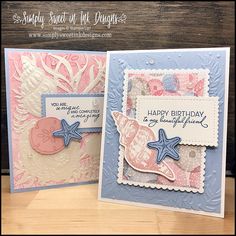 two handmade birthday cards, one with a starfish and the other with an ocean theme