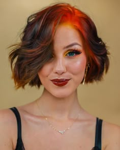 Coloured Bob Hair, Rainbow Curtain Bangs, Short Hair Vivid Color, Vivid Short Hair, Hair Color Inspiration For Short Hair, Short Coloured Hair, Short Hair Colour Ideas, Trendy Hair Dye, Colorful Short Hair