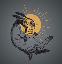 a drawing of a rabbit sitting in front of the sun