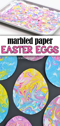 marbled paper easter eggs on a tray with text overlay that reads marbled paper easter eggs