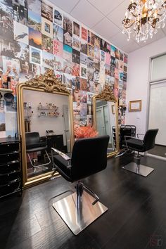 This hair salon studio in Burbank, California has a mosaic theme with chandelier and a  neon sign to create a luxurious, opulent feel. Studio Salon Ideas Small Spaces Bohemian, 90s Salon Aesthetic, Booth Rent Salon Decor, Salon Interior Design Colorful, Colorful Hair Salon Decor, Witchy Salon Suite, Hair Stylist Studio Ideas, 70s Salon Interior Design, Retro Hair Salon Aesthetic