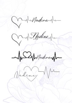 four different types of heartbeats with hearts and flowers in the background, all written in black ink