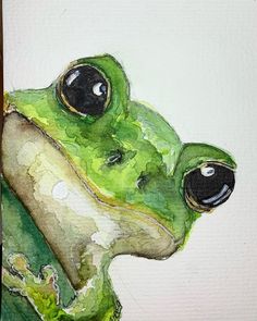 a painting of a frog sitting on top of a tree branch with its eyes open