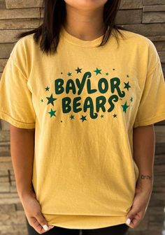 Baylor Bears Womens Yellow Star Short Sleeve T-Shirt - 16650873 Cute College Shirts, School Spirit T-shirt With Graphic Print, Short Sleeve T-shirt For School Spirit, School T Shirt Designs, Yellow School Spirit Graphic Print Top, Yellow Team Spirit T-shirt With Graphic Print, Yellow Cotton T-shirt For School Spirit, College Shirt Design, Sports Shirts Ideas