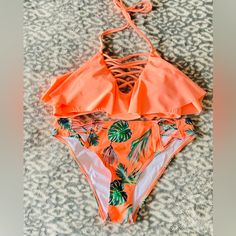 Nwot Women's High Waisted Bikini Set - L Size: L 2pcs Bikini Set Halter Flounce Bra High Waist Triangle Panty Padded (Removable) 82% Nylon, 18% Spandex Orange Tropical Stretch Swimwear, Tropical Orange Stretch Swimwear, Orange Tropical Swimwear, Tropical Style Orange Stretch Swimwear, Orange Stretch Tankini For The Beach, Stretch Orange Tankini For Beach, Orange Stretch Tankini For Beach Party, Stretch Orange Tankini For Beach Party, Summer Stretch Orange Tankini