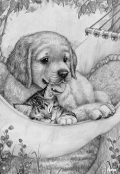 a drawing of a dog and kitten in a hammock