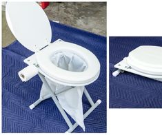 the toilet seat is open and ready to be placed on top of the chair for use