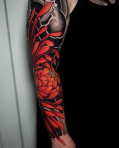 a woman's arm with red flowers on it and a skull in the background