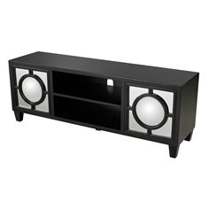 an entertainment center with speakers and lights on it's front shelf, black finish