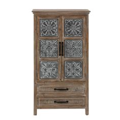 an old wooden cabinet with metal panels on the door and drawers inlayed to it