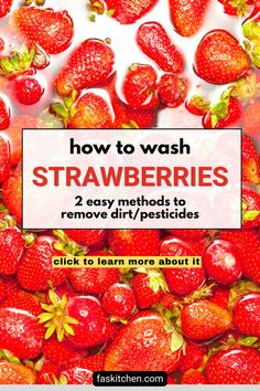 A close-up of fresh strawberries being rinsed under running water in a bowl, with water droplets highlighting their vibrant red color. The image shows hands gently cleaning the strawberries, ensuring all dirt and pesticides are washed away. The text overlay over the strawberries read "how to wash strawberries 2 easy methods to remove dirt/pesticide Clean Strawberries, How To Clean Strawberries, How To Wash Strawberries, Wash Strawberries, Vinegar Rinse, Baking Soda Water, Reduce Food Waste, Culinary Skills, Cooking Essentials