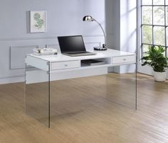 G800829 Contemporary Glossy White Writing Desk - Ornate Home White Writing Desk, White Computer Desk, Desk Units, Leather Platform Bed, Writing Desk Modern, Work And Study, Desk Wood, Ornate Furniture, Functional Space