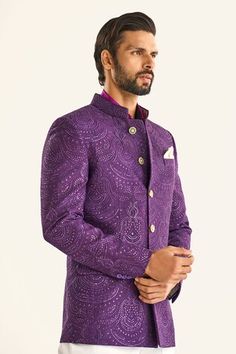 Purple silk bandhgala with all over tonal mandala butti pattern, elevated with embellishments. - Aza Fashions Designer Nehru Jacket For Receptions And Festivals, Designer Nehru Jacket For Festivals And Receptions, Festive Traditional Fit Bandhgala With Cutdana, Traditional Bandhgala With Zari Weaving For Formal Occasions, Formal Bandhgala With Zari Weaving For Eid, Designer Bandhgala With Pallu For Reception, Formal Sherwani With Zari Weaving In Traditional Drape, Formal Sherwani With Zari Weaving, Ceremonial Bandhgala With Zari Work In Traditional Fit