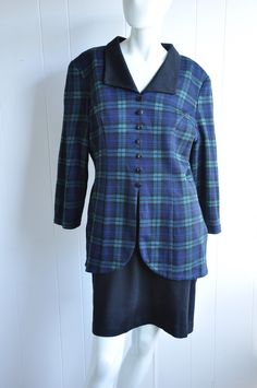 "A wonderful plaid dress by Dani Max. It has an obvious 60s influence, with the spear-style collar and buttons down the front. The dress zips in back and has a neck closure as well. The skirt part of the dress is lined. There's an area where the lining parts below the zipper. I believe this is intentional and doesn't affect the dress. Vintage size 14. Please see measurements below for accurate fit. Would suit a modern day M/L. CONDITION: Great gently worn condition. No flaws to note. MEASUREMENT Cyberpunk Club, Green Plaid Dress, Club Kids, Grunge Punk, Goth Grunge, Holiday Dress, Plaid Dress, Green Plaid, Dress Vintage