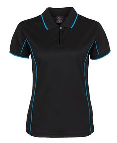 a women's black and blue polo shirt with contrasting piping on the collar